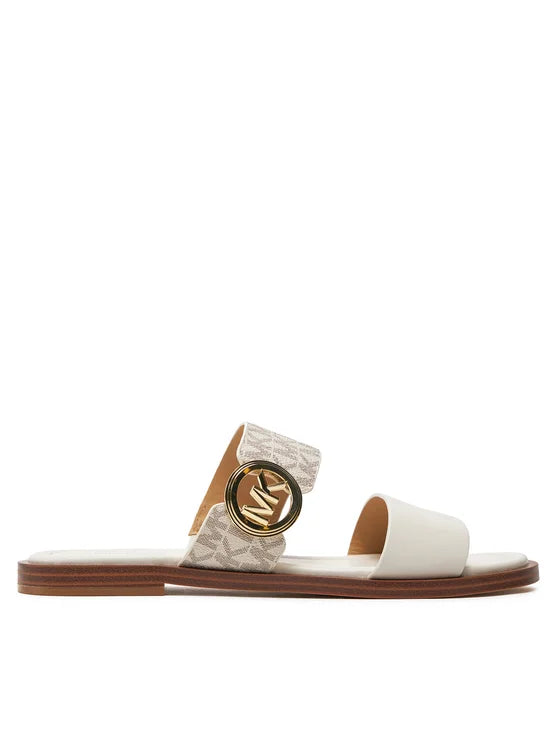 Michael Kors Vera Monogram Flat Sandal Womens Vanilla Double Strap Gold Logo