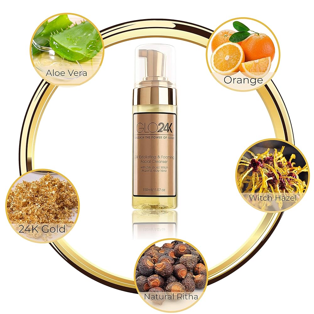 GLO24K
24K Exfoliating & Foaming Facial Cleanser With 24K Gold, Witch Hazel, And Aloe Vera