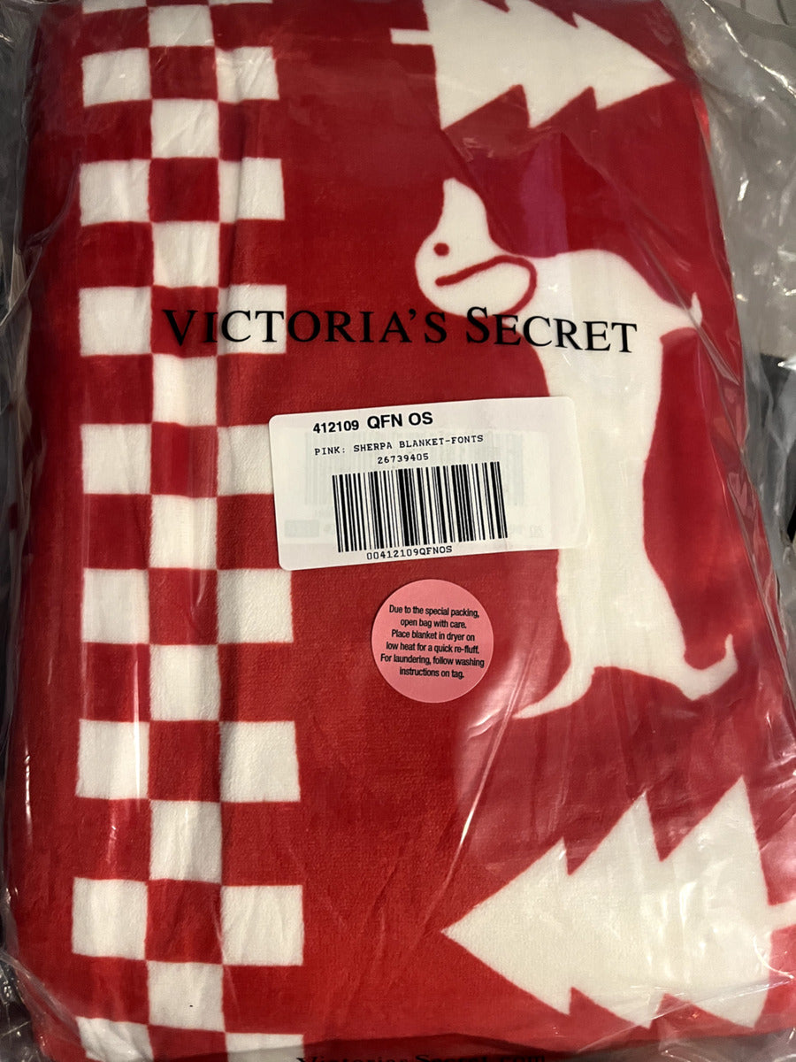 Victoria's Secret Soft Sherpa Blanket Color Red White Snowflake Travel Blanket